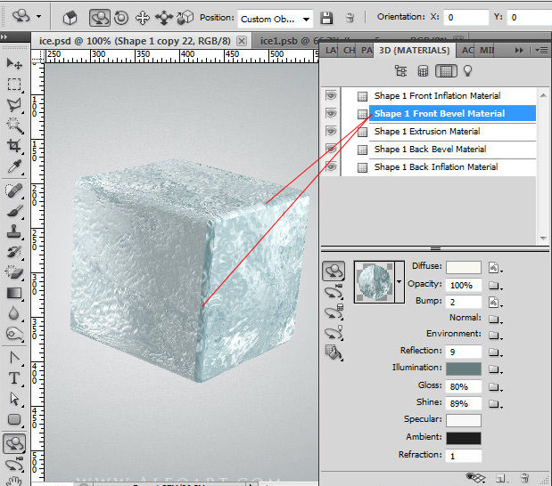 Ice cube 3D photoshop tools tutorial. 3D scene ice cube and cherry inside, ice txture effect in photoshop, ice reflection, 3D rendering, 3D light effects, realistic ice effectt, winterphotoshop  ideas